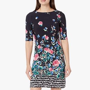 ELIZA J | Floral Stretch Jersey Short Sleeve Boat Neck Shift Dress (size 6)